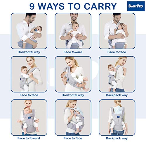 BabyPro Baby Carrier with Hip Seat, 9 Ergonomic Positions, All Season Baby Sling for Newborns Infants Toddlers, Hands Free Baby Carrier Wrap Front and Backpack for Traveling, Hiking and Breastfeeding