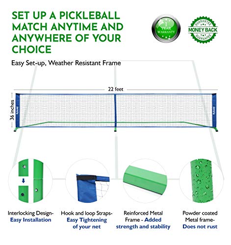 Pickleball Nets Portable Outdoor Portable Pickleball Net Regulation Size Equipment Lightweight Sturdy Interlocking Metal Posts with Carrying Bag for Indoor Outdoor Pickle Ball Game Court 22ft