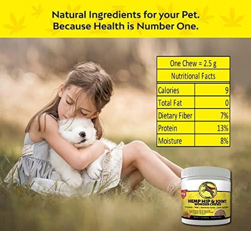 WonderPet Hemp Hip & Joint Supplement for Dogs Chondroitin Glucosamine MSM Organic Hemp Oil Hemp Powder Turmeric | Extra Strength Formula for Arthritis Pain Relief & Mobility Increase | 120 Soft Chews