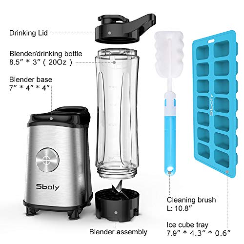 Personal Blender, Sboly Smoothie Blender Single Serve Small Blender for Juice Shakes and Smoothie with 20 oz Tritan BPA-Free Blender Cup, 300W (with Silicone Ice Cube Tray/Bottle Brush)