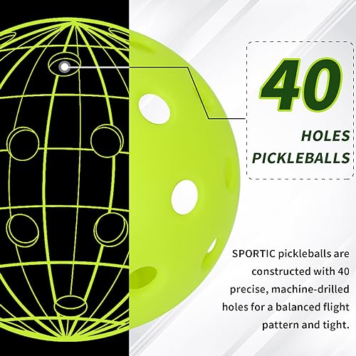 SPORTIC Pickleballs, 40 Holes Outdoors Pickleball Balls, 4 Pack/12 Pack of Pickle Balls Standard, High Elasticity & Durable Pickle Balls for All Style Pickleball (4pcs Injection Molding Pickleballs)