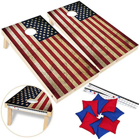 EXERCISE N PLAY Wood Premium American Flag Cornhole Set, Backyard Lawn Cornhole Outdoor Game Set, Regulation Size 4ft x 2ft Cornhole Boards & 8 Cornhole Bean Bags & 2 Cornhole Scoreboards