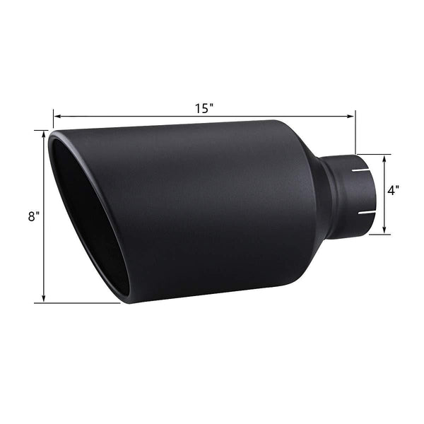 LCGP 4" Inlet 8" Outlet 15" Length, Clamp-On Diesel Exhaust Tip, Rolled End Angle Cut Black Tail Pipe