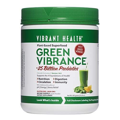Vibrant Health, Green Vibrance, Plant-Based Superfood Powder, 25 Billion Probiotics Per Scoop, Vegetarian and Gluten Free, 60 Servings (FFP)