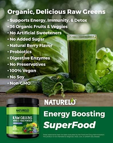 NATURELO Raw Greens Superfood Powder - Best Supplement to Boost Energy, Detox, Enhance Health - Organic Spirulina & Wheat Grass - Whole Food Vitamins from Fruit & Vegetable Extracts - 60 Servings