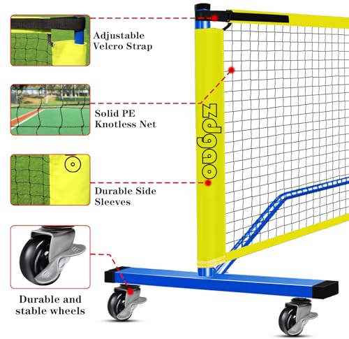 Pickleball Nets with Wheels Portable Pickle Ball Set with Net and Pickleball Paddles of 4, 22FT Pickleball Net Outdoor Pickle Balls, Court Marking Kit, and Carrying Bag for Family, Home
