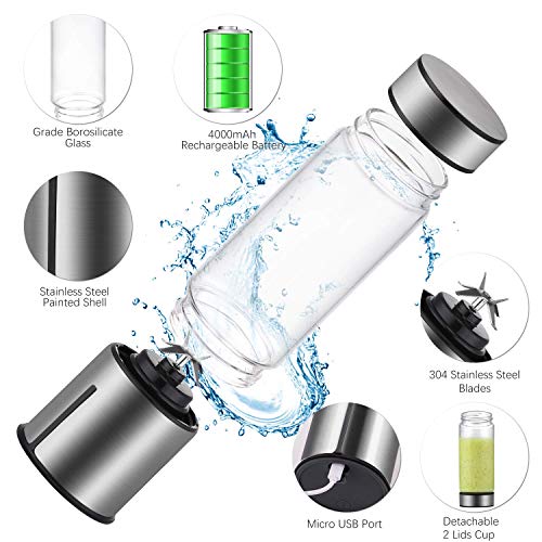 KACSOO Portable Blender for Smoothie and Shakes, 2 Lids Personal Blender USB Rechargeable Cordless 15 OZ Small Mixer Glass Fruit Juicer Cup Single Serve Blender for Travel on the go