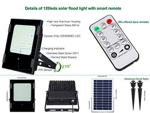 Solar Flood Light with Remote Controller Outdoor&Indoor 1000lumens 120Leds Dusk to Dawn IP67 Waterproof for Garden,Landscape,Yard,Porch,Patio,Garage,Pool,Sign,Billboard (White led/Remote Controller)
