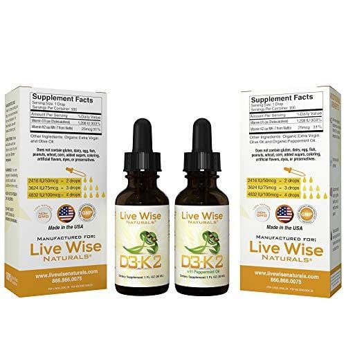Vitamin D3 with K2 Liquid Drops, All Natural, Non GMO, 1208IU D3 and 25mcg K2 (MK7) Per Serving, Strengthen Bones, Boost Immune System and Energy Levels, with or Without Peppermint Oil