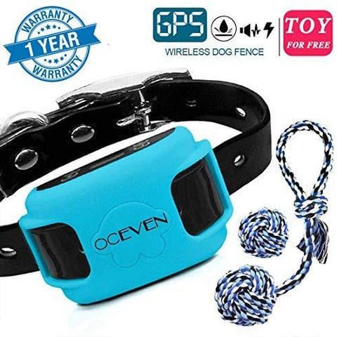 OCEVEN Wireless Dog Fence System with GPS, Outdoor Pet Containment System Rechargeable Waterproof Collar EF851S, Blue, for 15lbs-120lbs Dogs with 2pcs Toys for Free