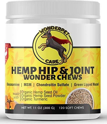 WonderPet Hemp Hip & Joint Supplement for Dogs Chondroitin Glucosamine MSM Organic Hemp Oil Hemp Powder Turmeric | Extra Strength Formula for Arthritis Pain Relief & Mobility Increase | 120 Soft Chews