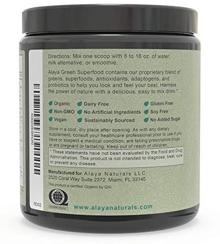 Alaya Organic Greens Powder - Superfood Powder with Adaptogens, Antioxidants & Probiotics - Certified Organic Non-GMO Super Greens Supplement Powder - 30 Servings - Berry Flavor Green Powder