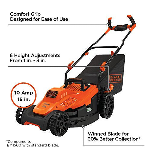 BLACK+DECKER Electric Lawn Mower, 10 -Amp, 15-Inch (BEMW472BH)