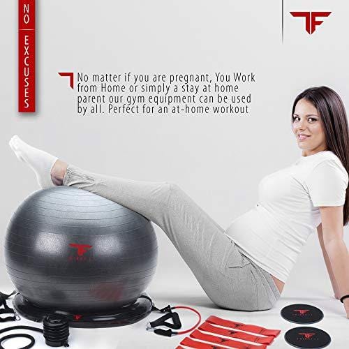 ThinkFit Anti Burst Yoga Exercise Ball 65cm & Resistance Exercise Bands Set with Handles & Stability Ring - Total Home Gym Equipment Bundle: Workout Posters, Ball Pump & Core Sliders for Fitness