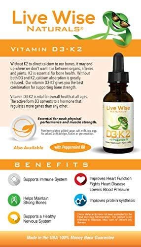 Vitamin D3 with K2 Liquid Drops, All Natural, Non GMO, 1208IU D3 and 25mcg K2 (MK7) Per Serving, Strengthen Bones, Boost Immune System and Energy Levels, with or Without Peppermint Oil