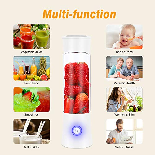 Portable Blender, Personal Blender for Shakes and Smoothies, 6 Stainless Steel Blades Cordless USB Rechargeable Juicer Cup with 4000mAh Batteries, Handheld 16oz Mini Travel Blender Small Fruit Mixer Detachable for Home Office Gym Outdoor, White