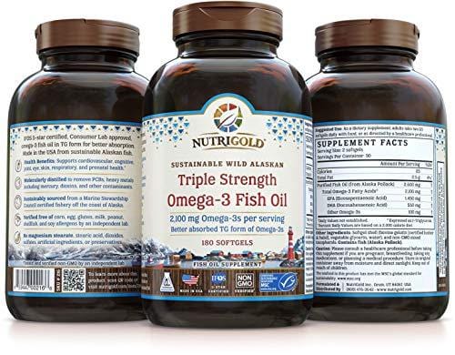 Nutrigold Triple Strength Omega-3 Fish Oil Supplement, 2100 mg, 180 Softgels