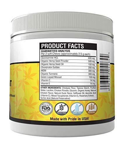 WonderPet Hemp Hip & Joint Supplement for Dogs Chondroitin Glucosamine MSM Organic Hemp Oil Hemp Powder Turmeric | Extra Strength Formula for Arthritis Pain Relief & Mobility Increase | 120 Soft Chews
