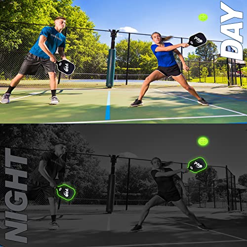 PRO Pickleball Glow in The Dark Paddle Edge and Balls Set. Graphite Carbon Fiber face Cushion with Honeycomb core More Lightweight and Durable