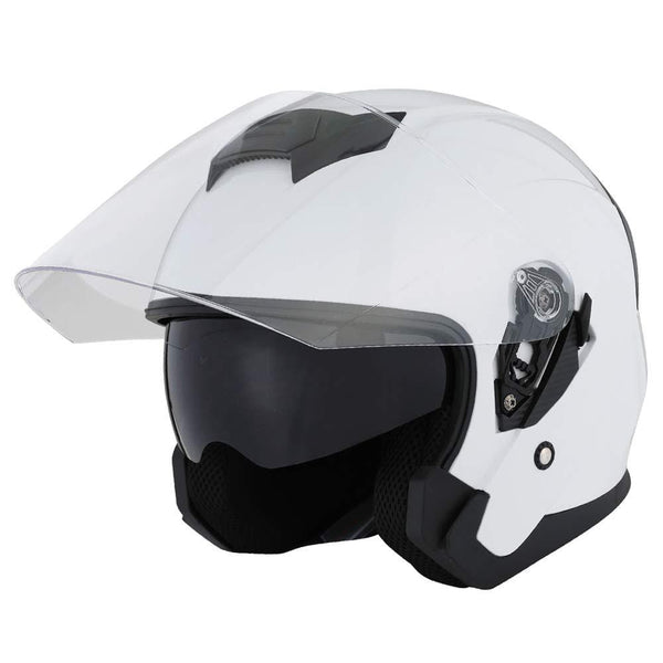 1STORM MOTORCYCLE OPEN FACE HELMET SCOOTER CLASSICAL KNIGHT BIKE DUAL LENS/SUN VISOR GLOSSY White
