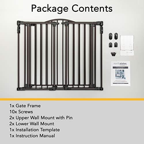 North States 72" Wide Deluxe Décor Baby Gate: Provides safety in extra-wide spaces with added one-hand functionality. Hardware mount. Fits 38.3"-72" wide (30" tall, Bronze)