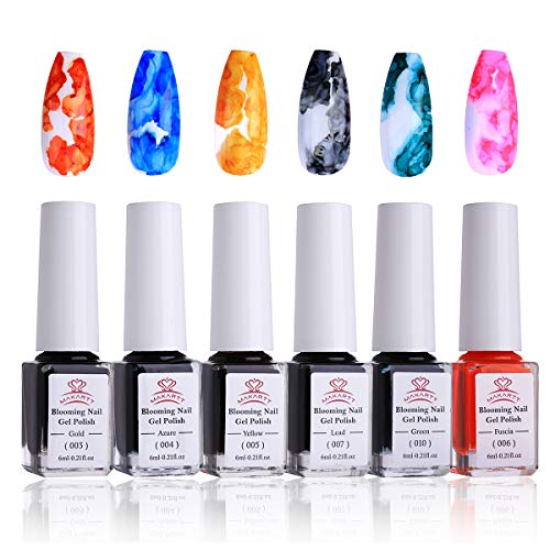 Makartt Blooming Nail Polish, Alcohol Ink Watercolor Pink Blossom Gel Nail Polish Magic Manicuring Kit Work with Transparent Red Marble Nail Vanish Young Nail Art Design,Summer 6 Colors Set