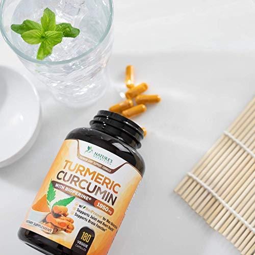 Turmeric Curcumin Max Potency 95% Curcuminoids 1950mg with Bioperine Black Pepper for Best Absorption, Best Vegan Joint Pain Relief, Made in USA, Turmeric Pills by Natures Nutrition - 180 Capsules