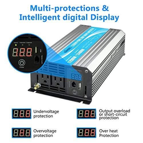 Power Inverter Pure Sine Wave 1200Watt 12V DC to 110V 120V with Remote Control Dual AC Outlets and USB Port for CPAP RV Car Solar System Emergency
