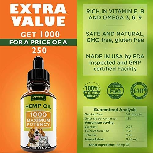 Hemp Oil for Dogs and Cats - 1000mg - Stress & Anxiety Relief - Advanced Formula - Grown & Made in USA - Supports Hip & Joint Health, Natural Relief for Separation Anxiety.