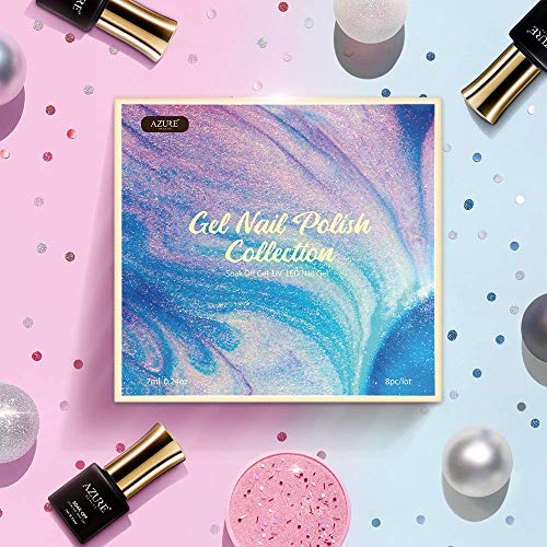 AZUREBEAUTY Gel Nail Polish Set - Pink Purple Glitter Colors Soak Off UV LED Gel Polish Kit 8 PCS 0.24 OZ