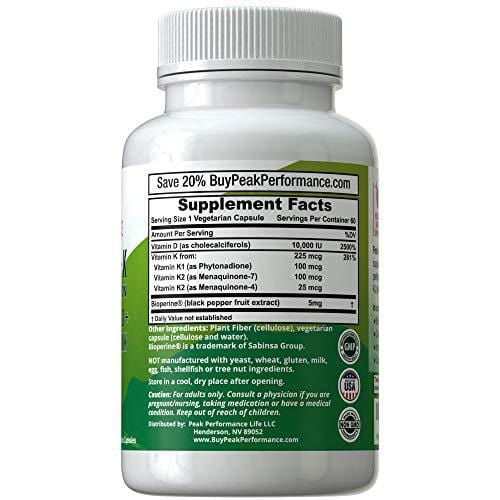 Advanced Vitamin D 10000 IU + All 3 Types of Vitamin K Capsules by Peak Performance. 10,000 IU Vitamin D3 and Vitamin K2 MK-7 (MK7) K2 MK4 K1 Supplement! 60 Small & Easy to Swallow Pills