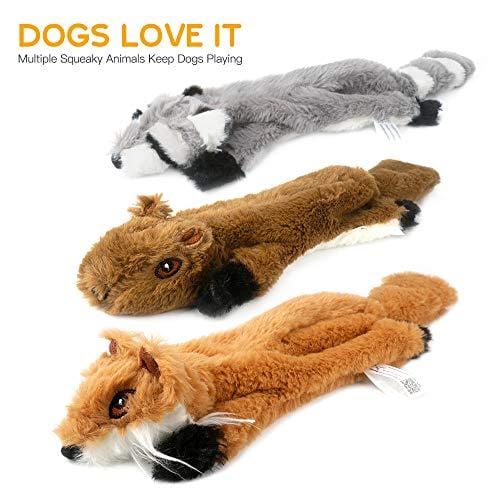 Peteast-3 Squeaky Toys and 3 Rope Dog Toys, No Stuffing Squeaky Plush Fox Raccoon Squirrel, Puppy Chew Teething Rope Toys Set for S/M/L Dogs Pets Animals