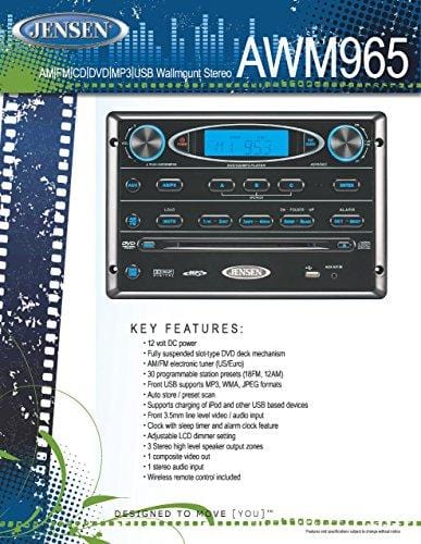 Jensen AWM965 AM/FM|CD|DVD|MP3/USB Wallmount Stereo with DVD Player, Front USB Supports MP3, WMA, JPEG Formats, Remote Control Included, 12 Volt