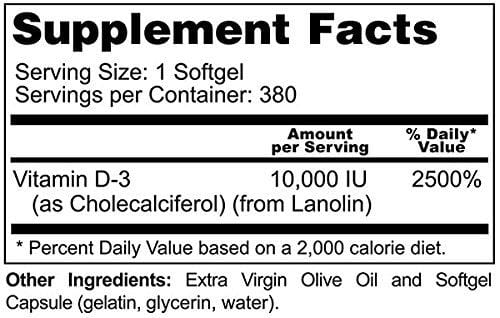 Vitamin D3 10000 IU 380 Softgels - High-Potency | Non-GMO | Soy-Free | In Extra Virgin Olive Oil | Strong Bones | Immune Health | Support for K-2