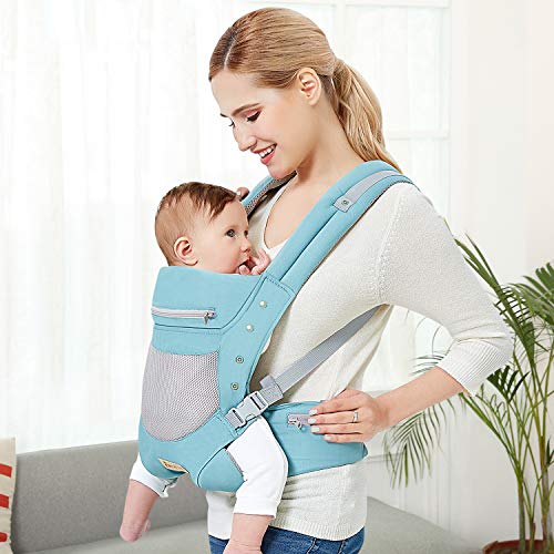 Infant Toddler Baby Carrier Wrap Backpack Front and Back, Hip Seat & Hood, Soft & Breathable Cotton, Cool Air Mesh, Green