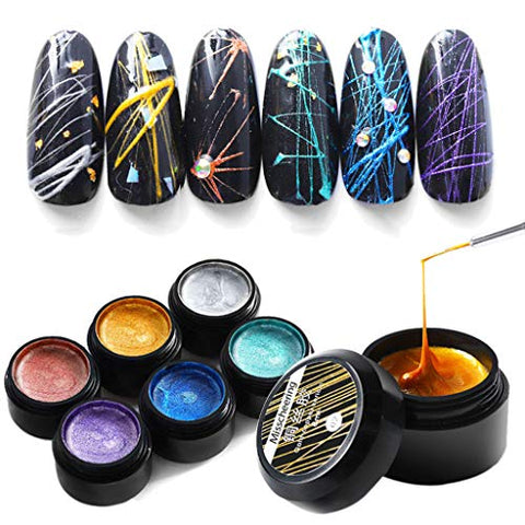 ღYemenger 6 Colors Nail Spider Gel Set, Matrix Gel Paint Design Nail Wire Drawing Nail Gel for Line, Lasting Effect