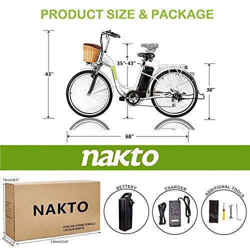 NAKTO 26" 250W City-Electric Bicycle Sporting Shimano 6-Speed Gear E-Bike 36V 10A Lithium Battery
