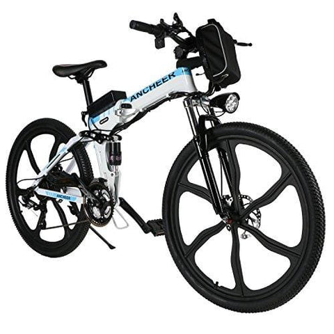 ANCHEER Folding Electric Mountain Bike, 26'' Electric Bike with 36V 8Ah Lithium-Ion Battery, Shimano 21 Speed Shifter (Folding Integrated Wheels-Black) (White)