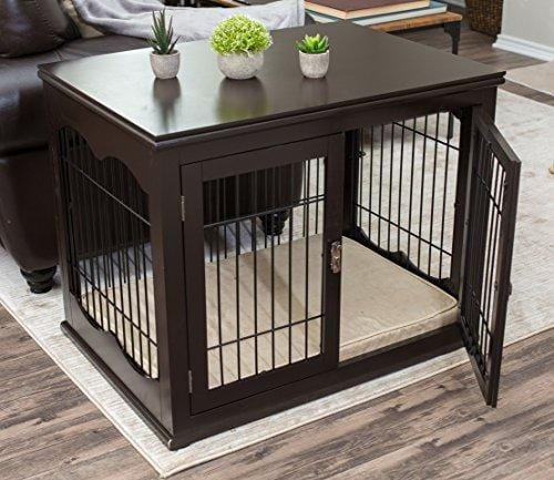 Internet's Best Decorative Dog Kennel with Pet Bed | Double Door | Wooden Wire Dog House | Large Indoor Pet Crate Side Table | Espresso