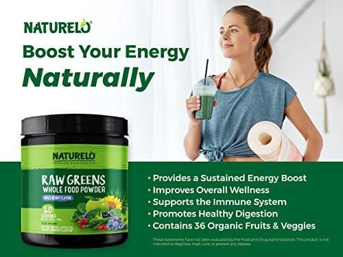 NATURELO Raw Greens Superfood Powder - Best Supplement to Boost Energy, Detox, Enhance Health - Organic Spirulina & Wheat Grass - Whole Food Vitamins from Fruit & Vegetable Extracts - 60 Servings