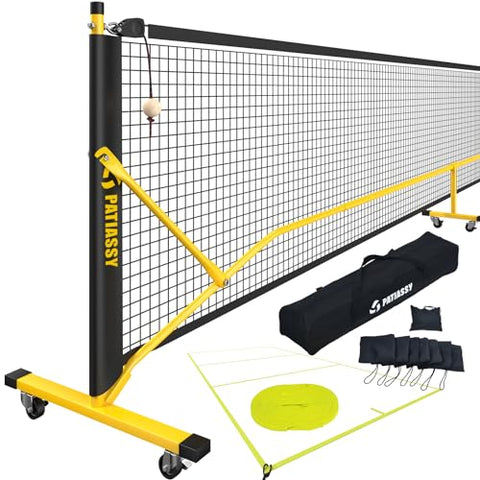 Patiassy Pickleball Net Set with Wheels and Pickleball Court Marking Kit 22 FT Regulation Size Portable Pickleball Nets with Net Tension Adjuster, 8 Sandbags and Carry Bag for Outdoor Indoor Driveway