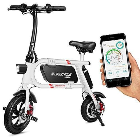 SwagCycle Pro Folding Electric Bike, Pedal Free and App Enabled, 18 mph E Bike with USB Port to Charge on The Go (White)