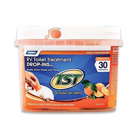 Camco TST Ultra-Concentrated Orange Citrus Scent RV Toilet Treatment Drop-Ins, Formaldehyde Free, Breaks Down Waste and Tissue, Septic Tank Safe, 30-Pack (41183)