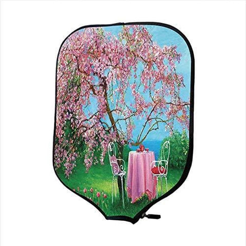 Neoprene Pickleball Paddle Racket Cover Case,Rustic,Tea Time Theme Vintage Chairs Plum Tree Spring Garden Painting,Light Blue Green and Light Pink,Fit for Most Rackets - Protect Your Paddle
