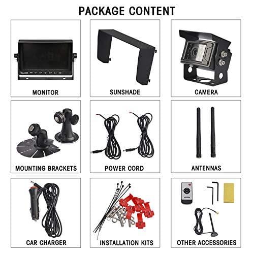 Wireless Backup Camera for Trucks RVs, Two Methods Wiring for Reversing/Constantly View, 7" Wide Screen Wireless Monitor with IP68 Night Vision Wireless Backup Camera for Trucks, RVs, Trailers, Buses