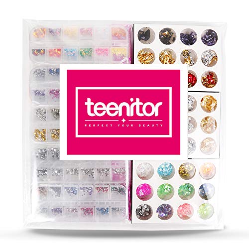 5 box 11440pcs Nails Rhinestones and 36 Pots Foils Flakes, Teenitor professional Nail Decoration with Gems for Nails Stud Foil for Nails Art