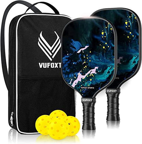 VUFOXT Pickleball Paddles Set of 2, 99.99% Carbon Fiber, Graphite Honeycomb Core Graphite Face Cushion Comfort Grip with 4 Pickle Balls 1 Table Tennis Bag at The Batting Cages Field