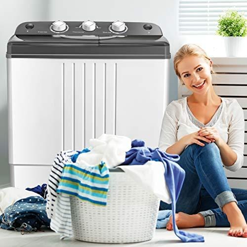 Giantex Portable Washing Machine Compact Twin Tub Washer and Spain Spinner Laundry Clothes Washer (10lbs for washing and 6lbs for Spinning- Gray+ White)