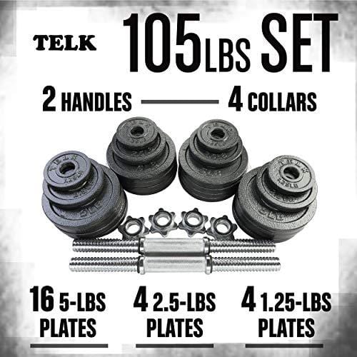 TELK Adjustable Dumbbells (105 LBS Pair) with Gloss Finish and Secure Collars, 65 with Connector, 105 to 200 lbs