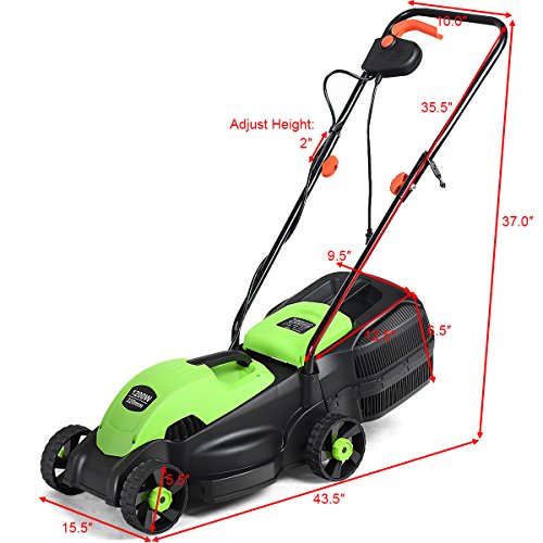 HAPPYGRILL 14-Inch 12 Amp Electric Lawn Mower, Handle Push Corded Lawn Mower with Grass Bag